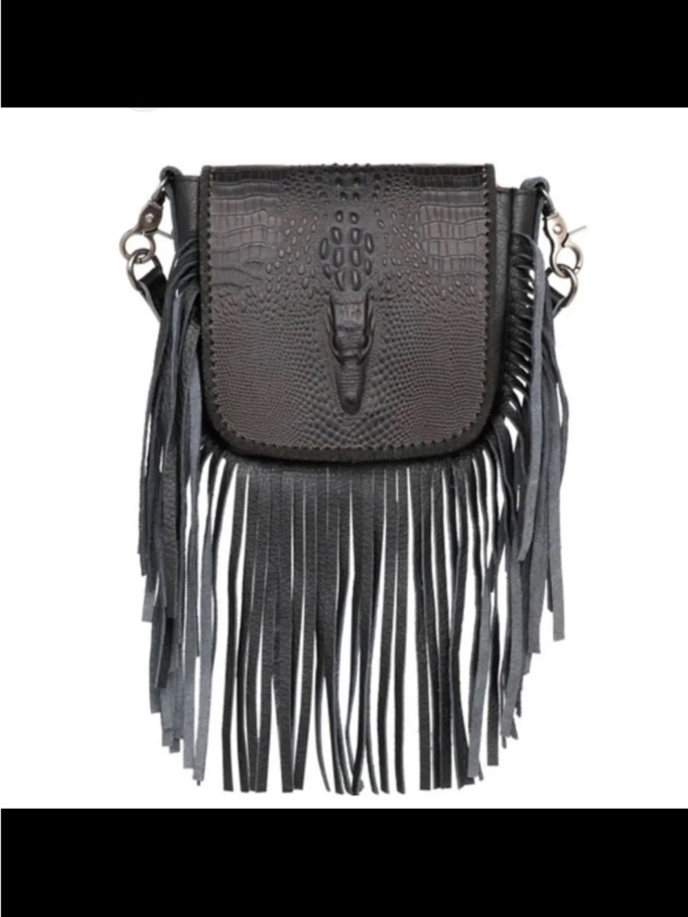 Montana West Black Croc-Embossed Fringe Crossbody Bag